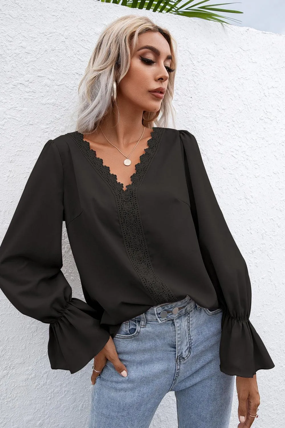 Endearing Lace Trim Flounce Long Sleeve Top