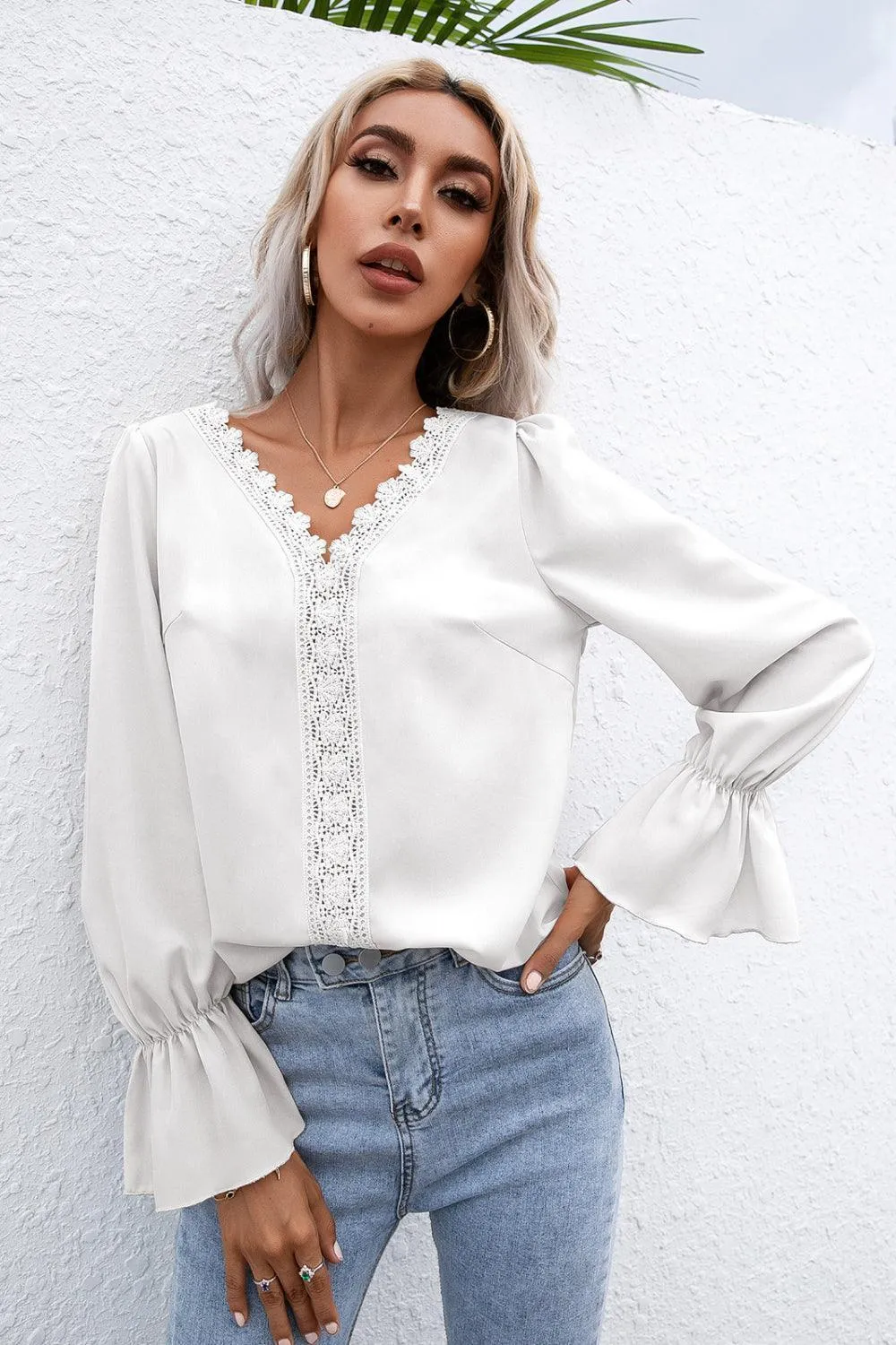 Endearing Lace Trim Flounce Long Sleeve Top