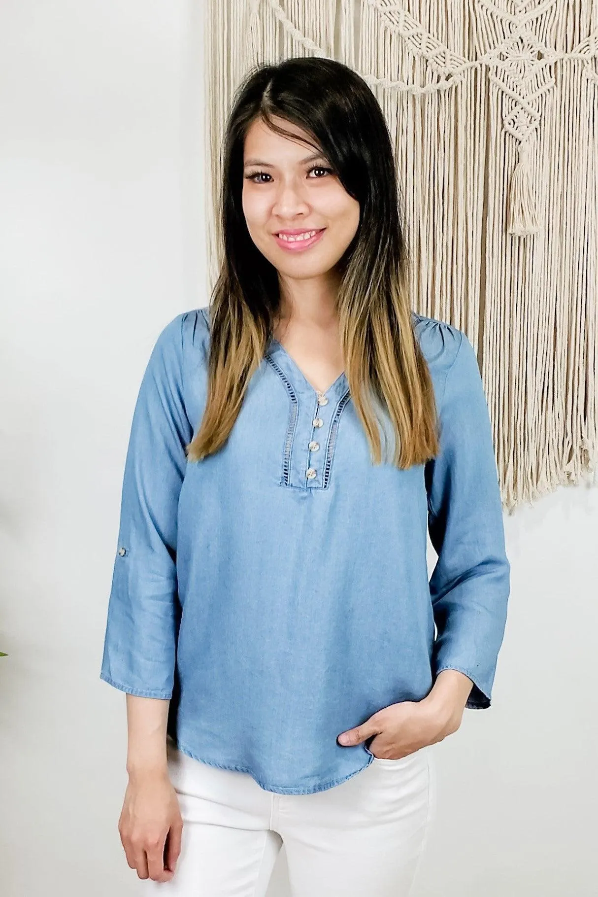 FINAL SALE -  Soul Sister V Neck Chambray Button Down Top