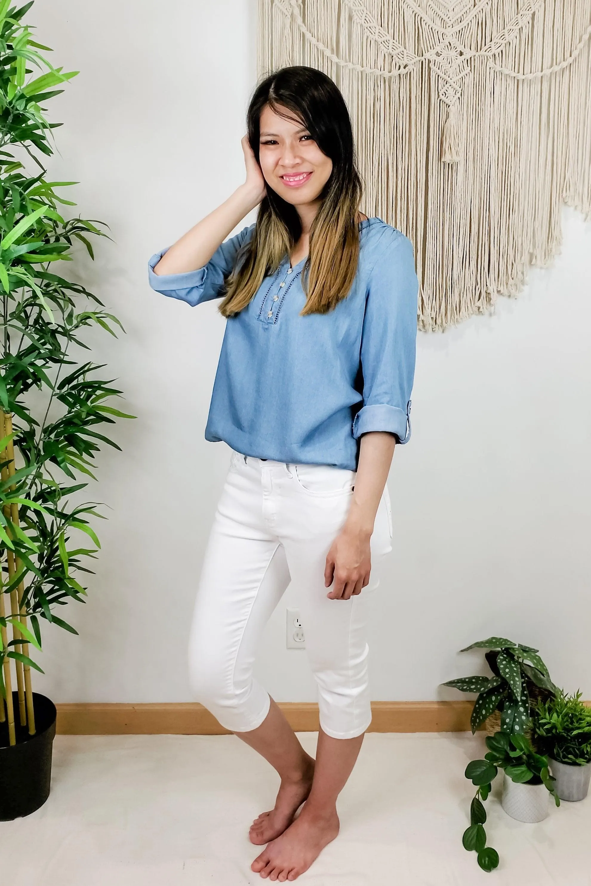FINAL SALE -  Soul Sister V Neck Chambray Button Down Top