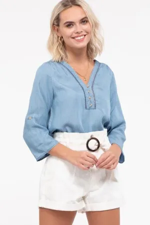 FINAL SALE -  Soul Sister V Neck Chambray Button Down Top