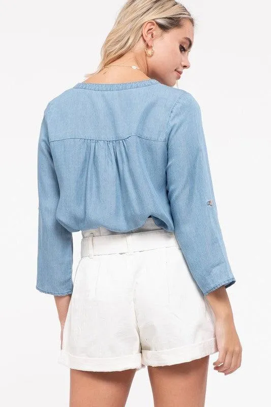 FINAL SALE -  Soul Sister V Neck Chambray Button Down Top
