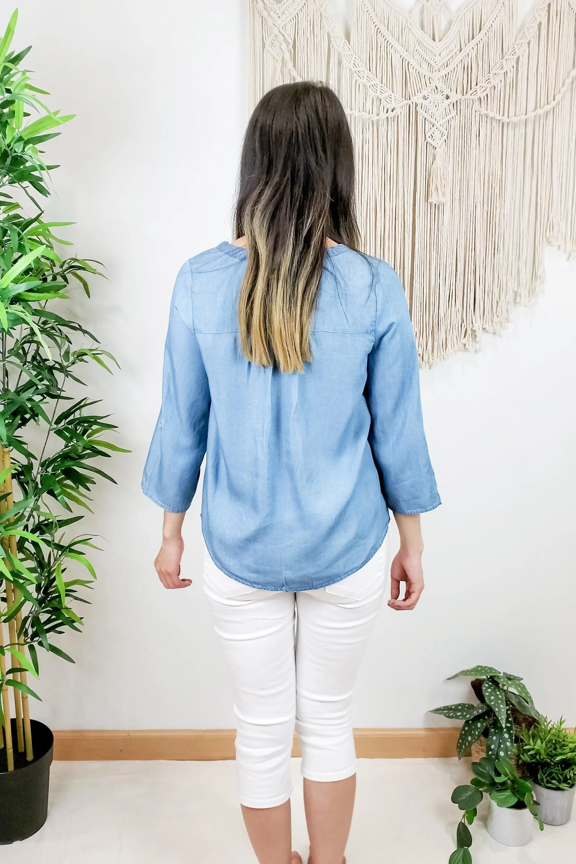 FINAL SALE -  Soul Sister V Neck Chambray Button Down Top