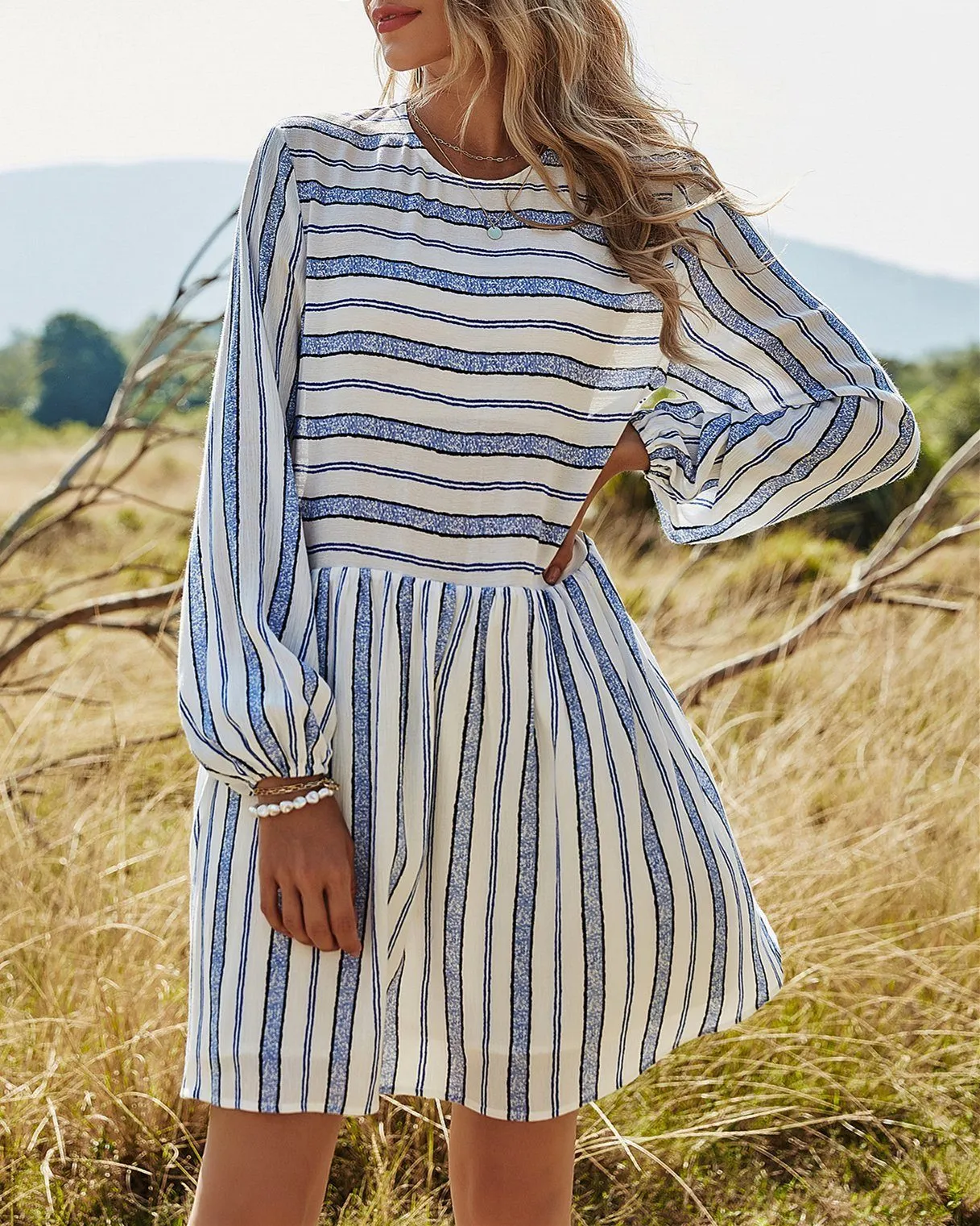 Forever Trendy Striped Puff Sleeve Babydoll Dress