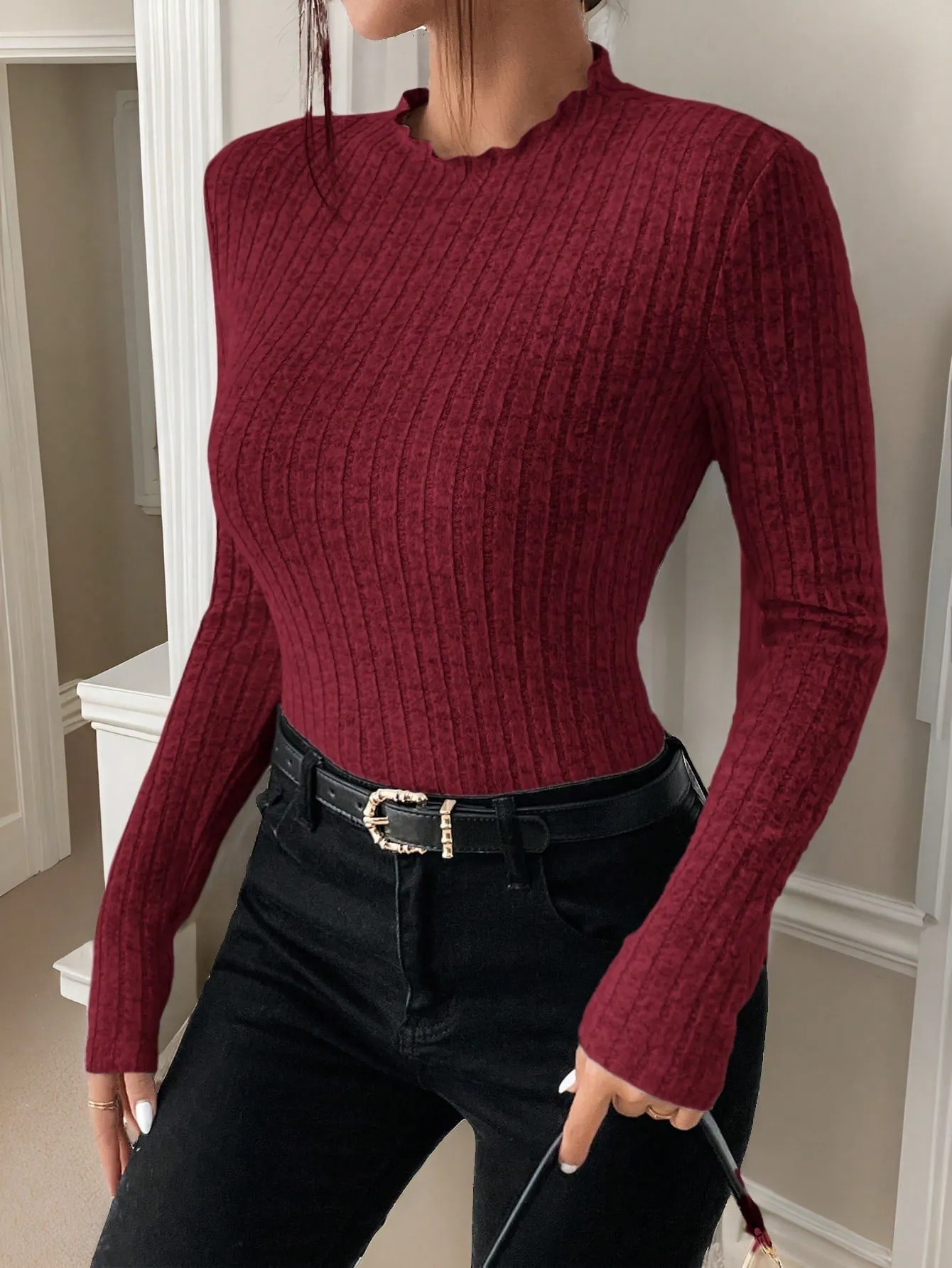 Frenchy Mock Neck Ribbed Knit Textured Fabric Tee