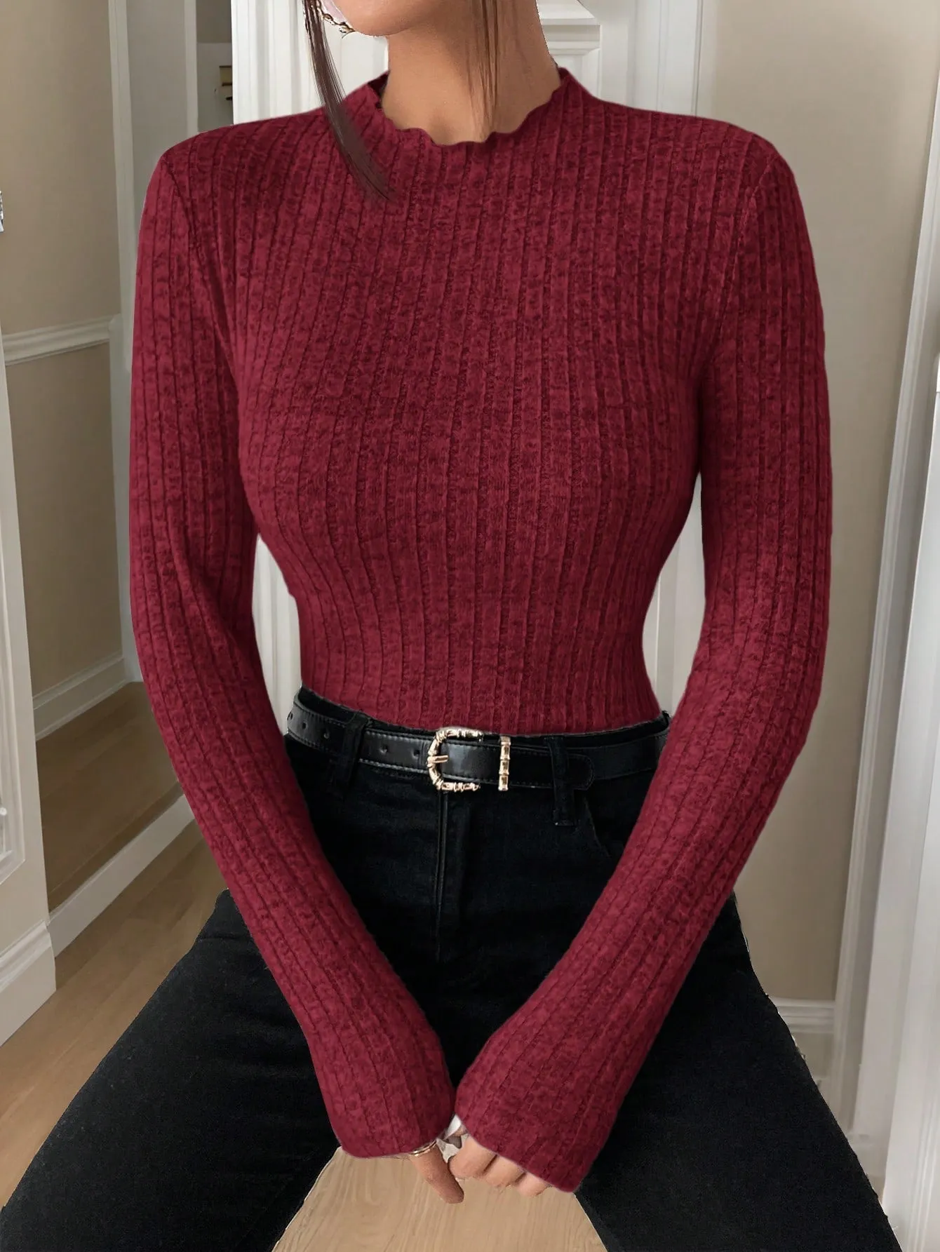 Frenchy Mock Neck Ribbed Knit Textured Fabric Tee