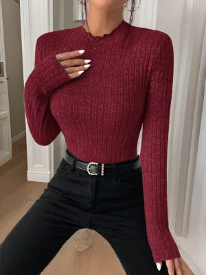 Frenchy Mock Neck Ribbed Knit Textured Fabric Tee