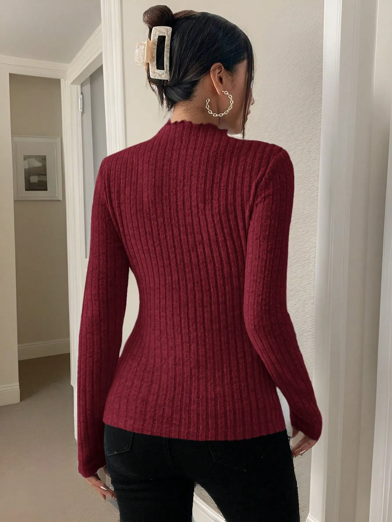 Frenchy Mock Neck Ribbed Knit Textured Fabric Tee