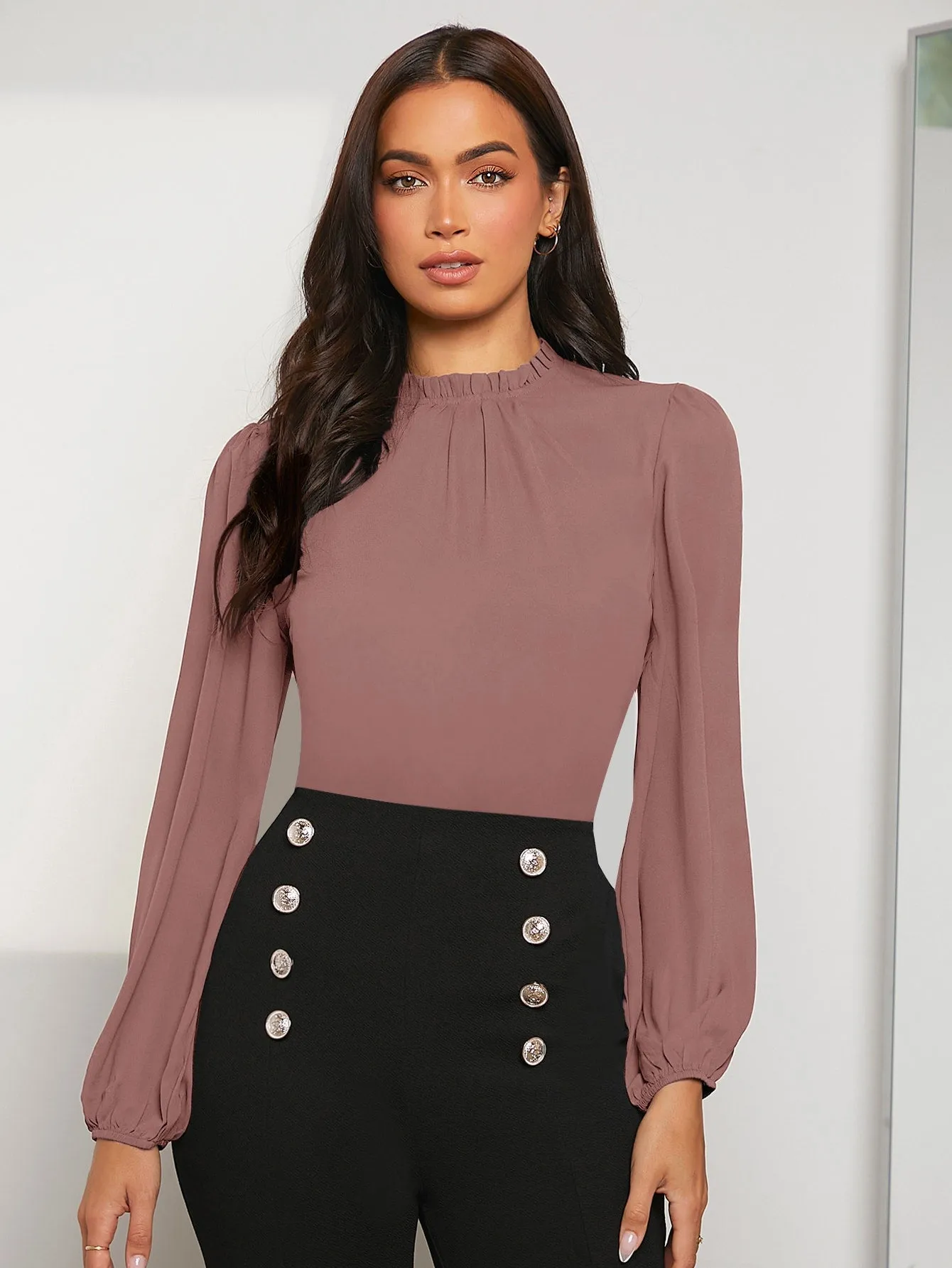 Frilled Neck Bishop Sleeve Blouse