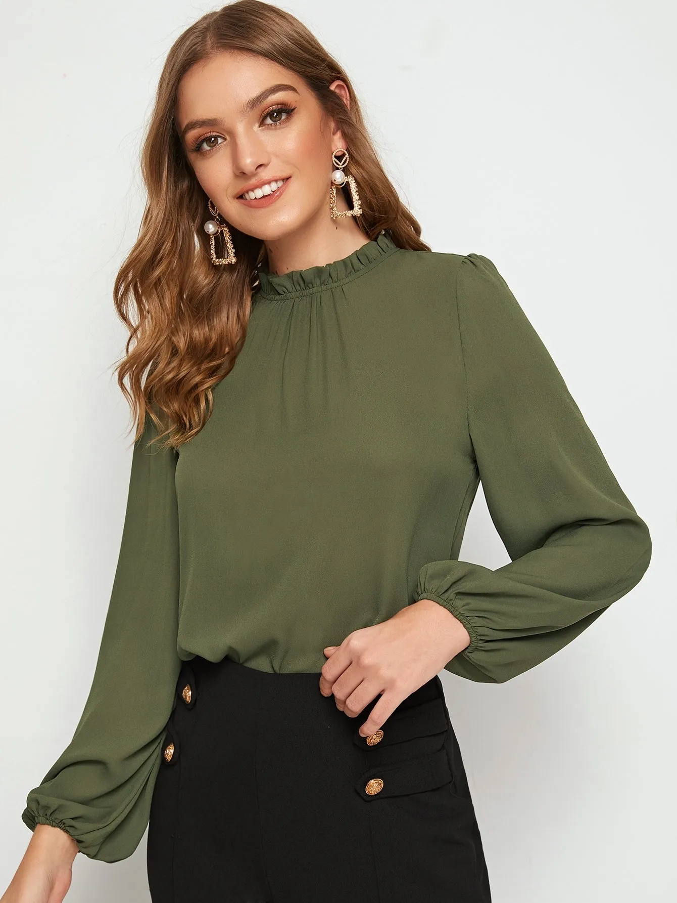 Frilled Neck Bishop Sleeve Blouse