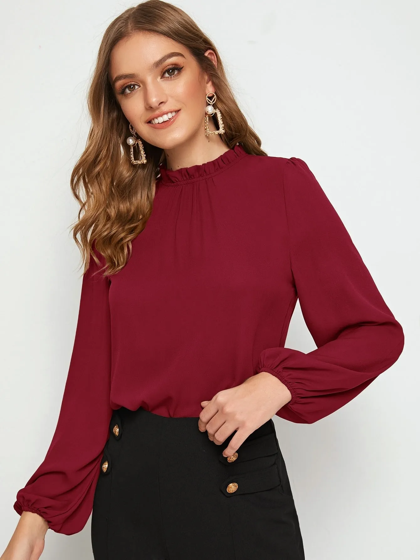 Frilled Neck Bishop Sleeve Blouse
