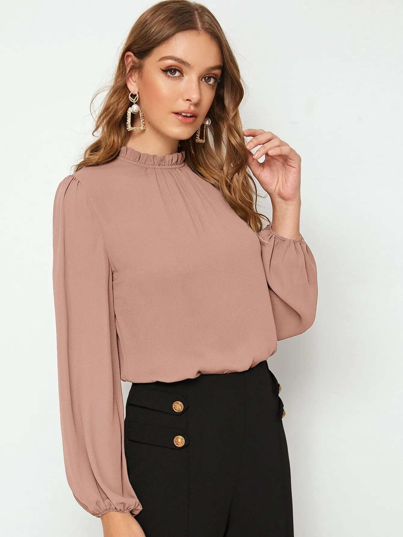 Frilled Neck Bishop Sleeve Blouse