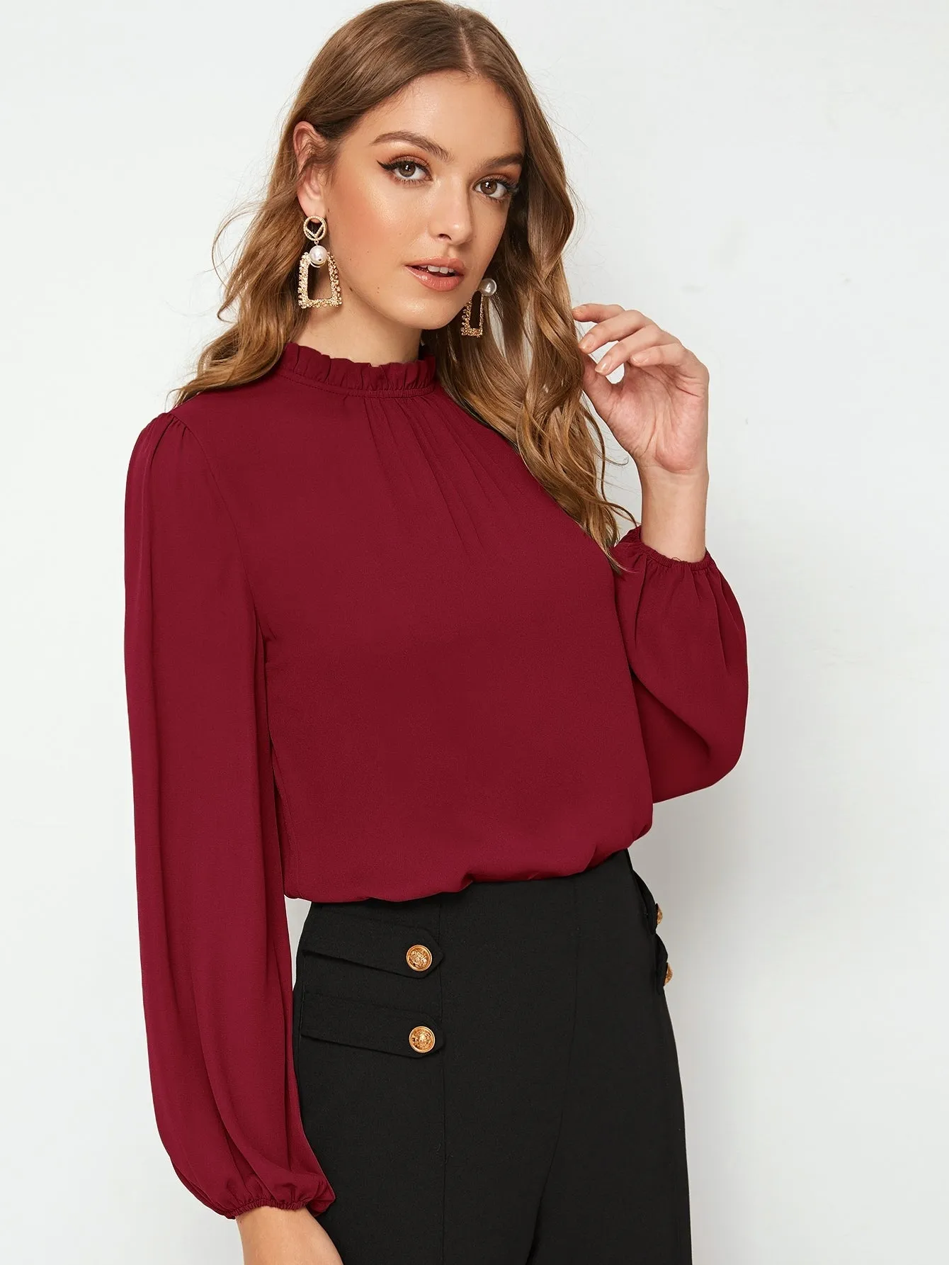 Frilled Neck Bishop Sleeve Blouse