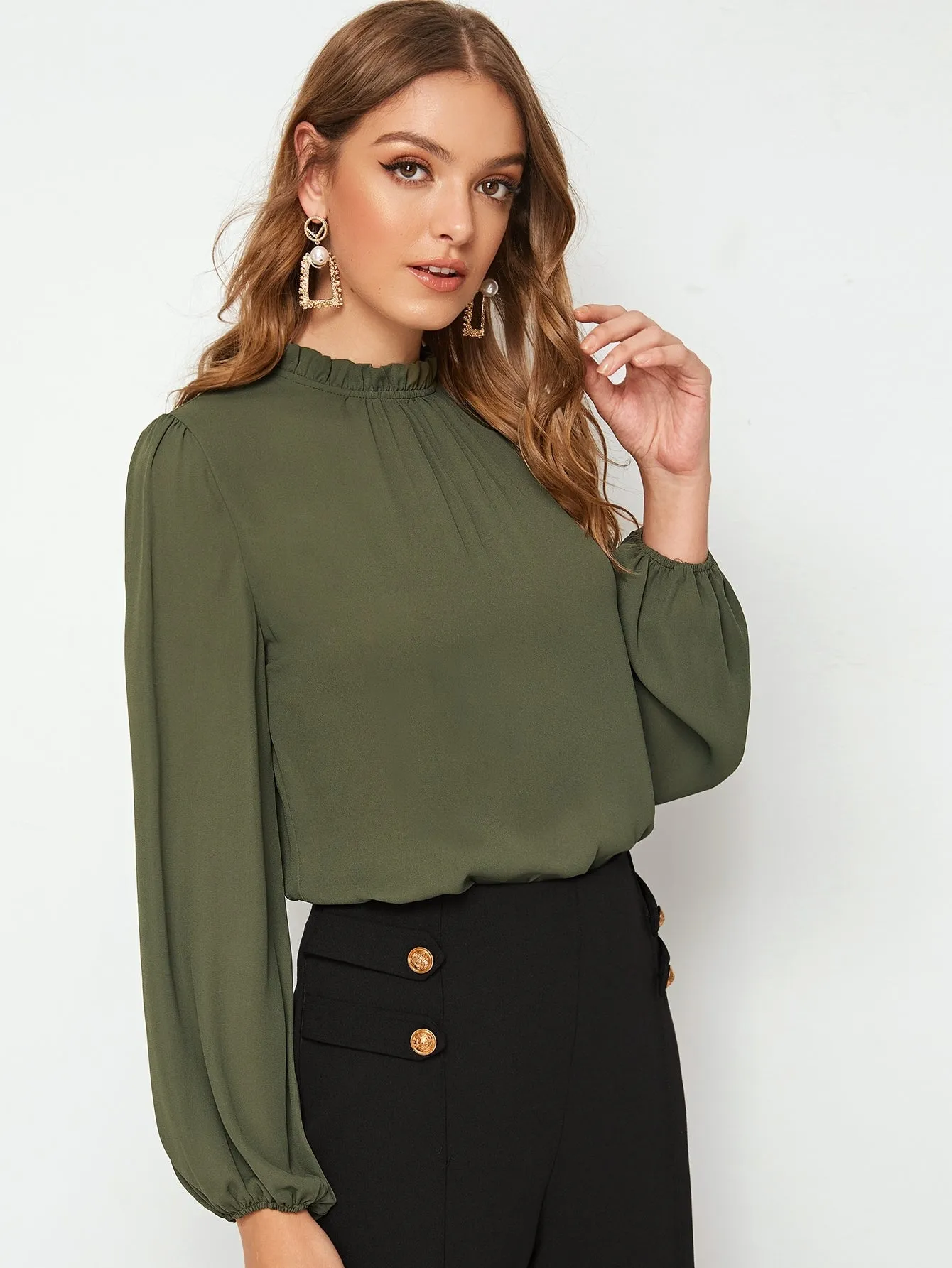 Frilled Neck Bishop Sleeve Blouse