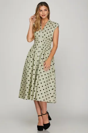 Front Zip Polka Dots Midi Dress