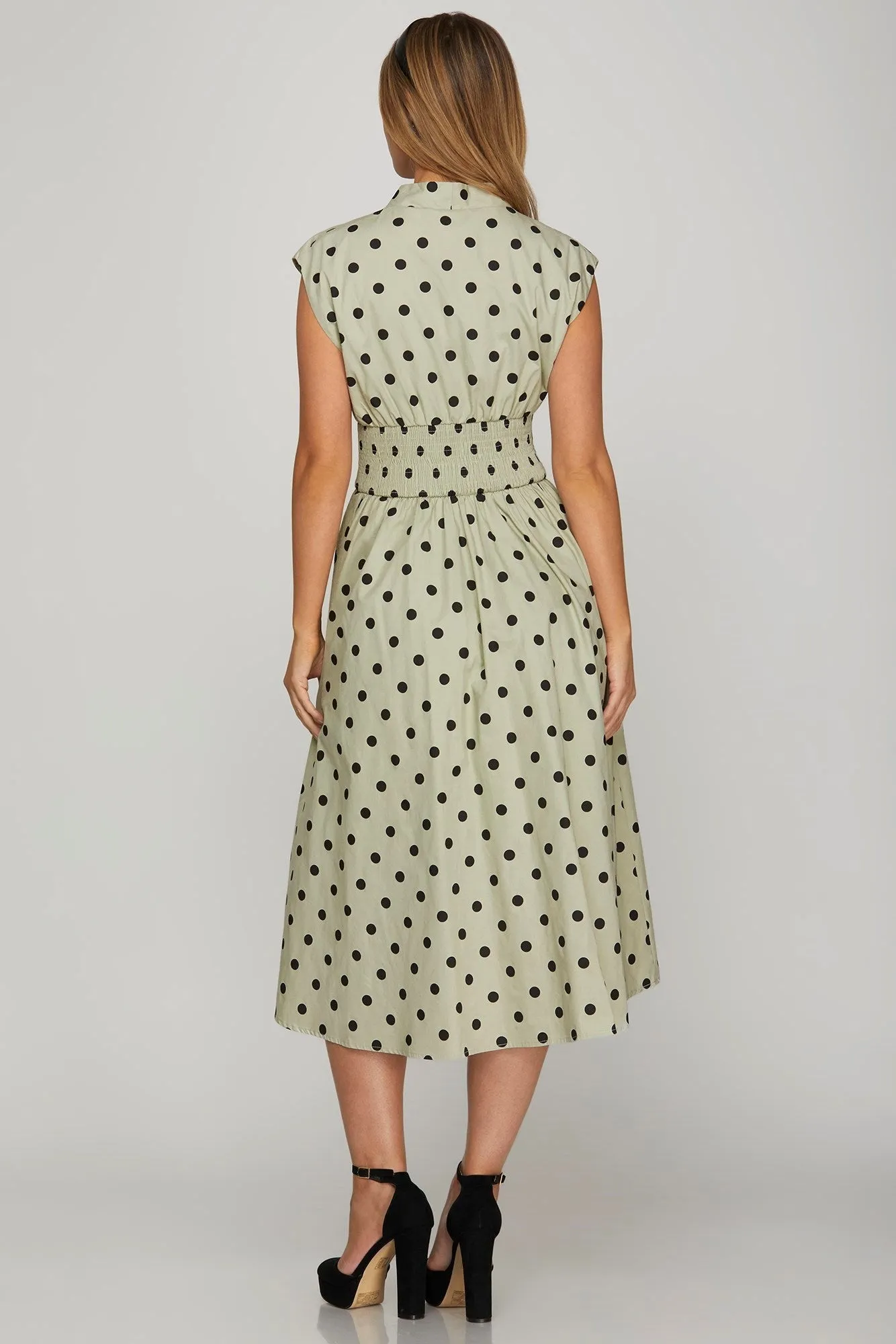 Front Zip Polka Dots Midi Dress