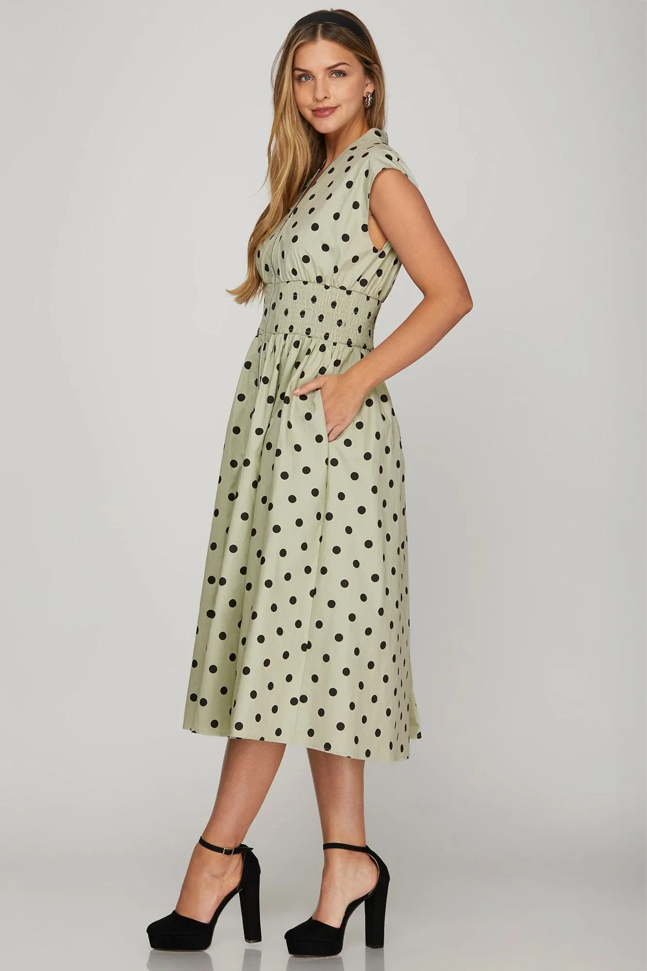 Front Zip Polka Dots Midi Dress