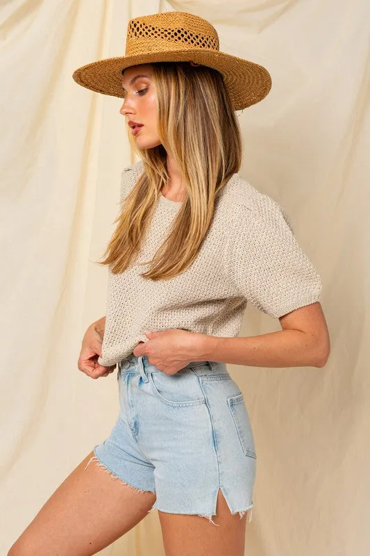 GILLI Puff Sleeve Round Neck Texture Sweater Top