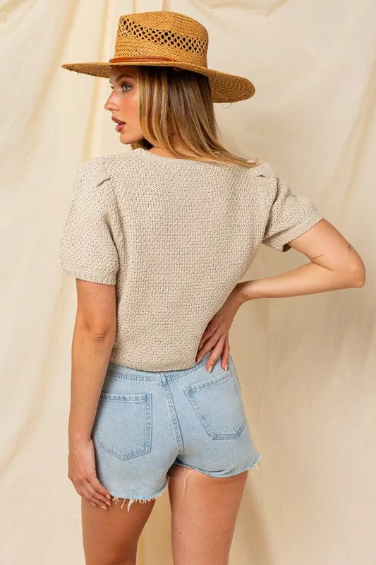 GILLI Puff Sleeve Round Neck Texture Sweater Top