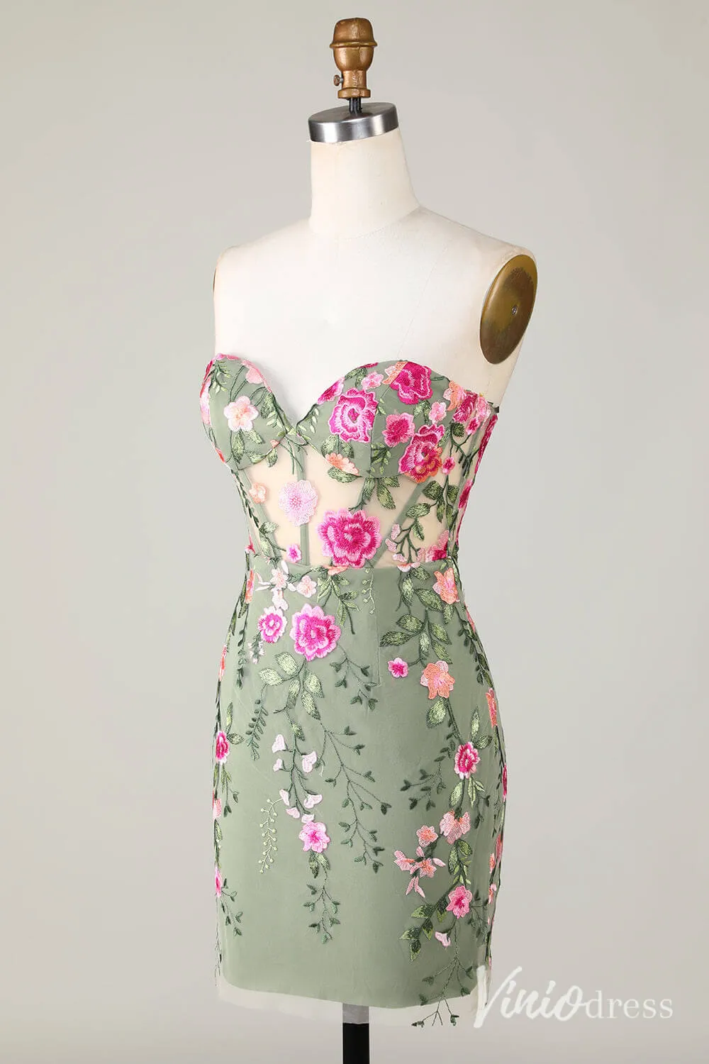 Green Floral Sweetheart Homecoming Dresses Sheer Lace Applique Grduation Dress S24070