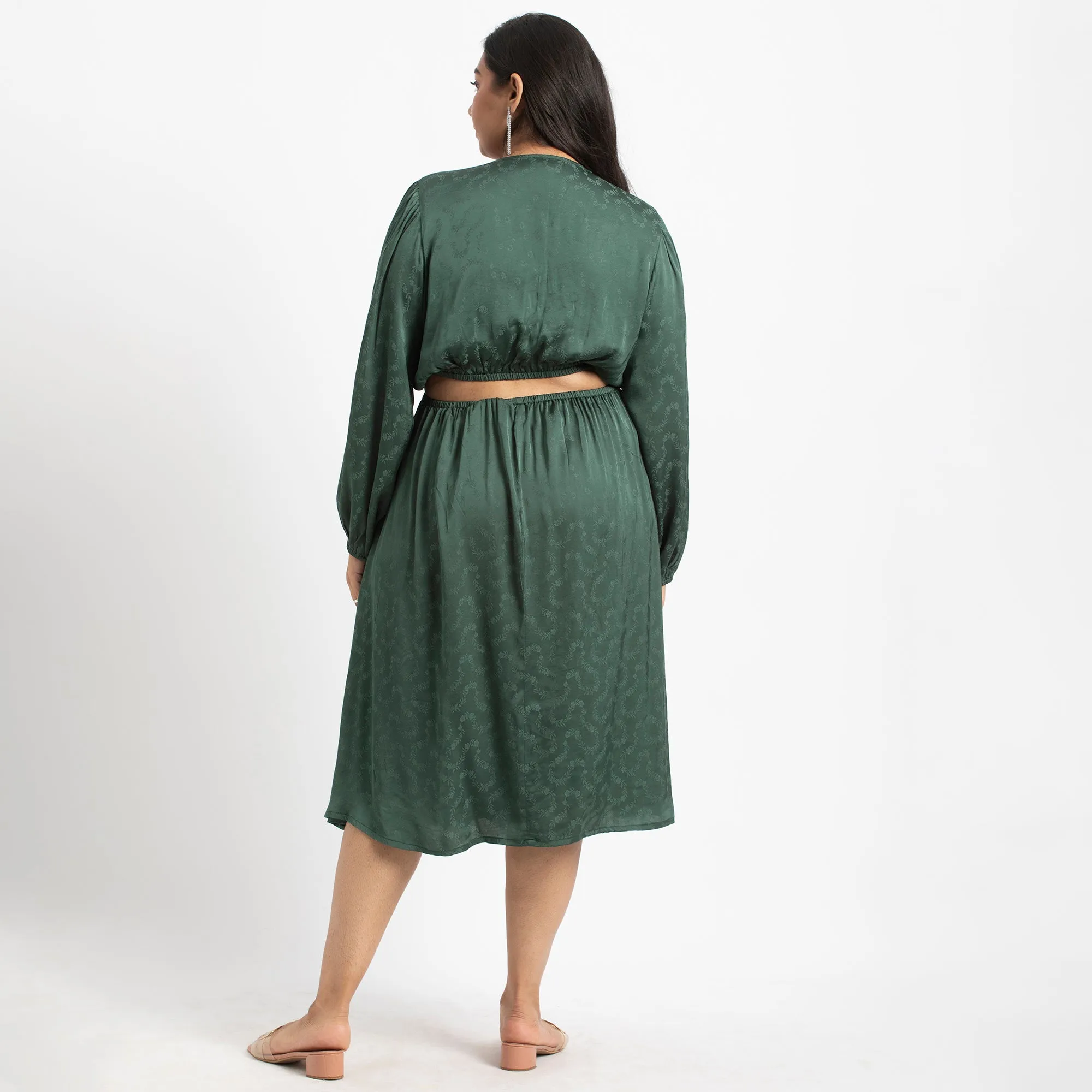 Green viscose jacquard ring detail plus size cut-out midi dress