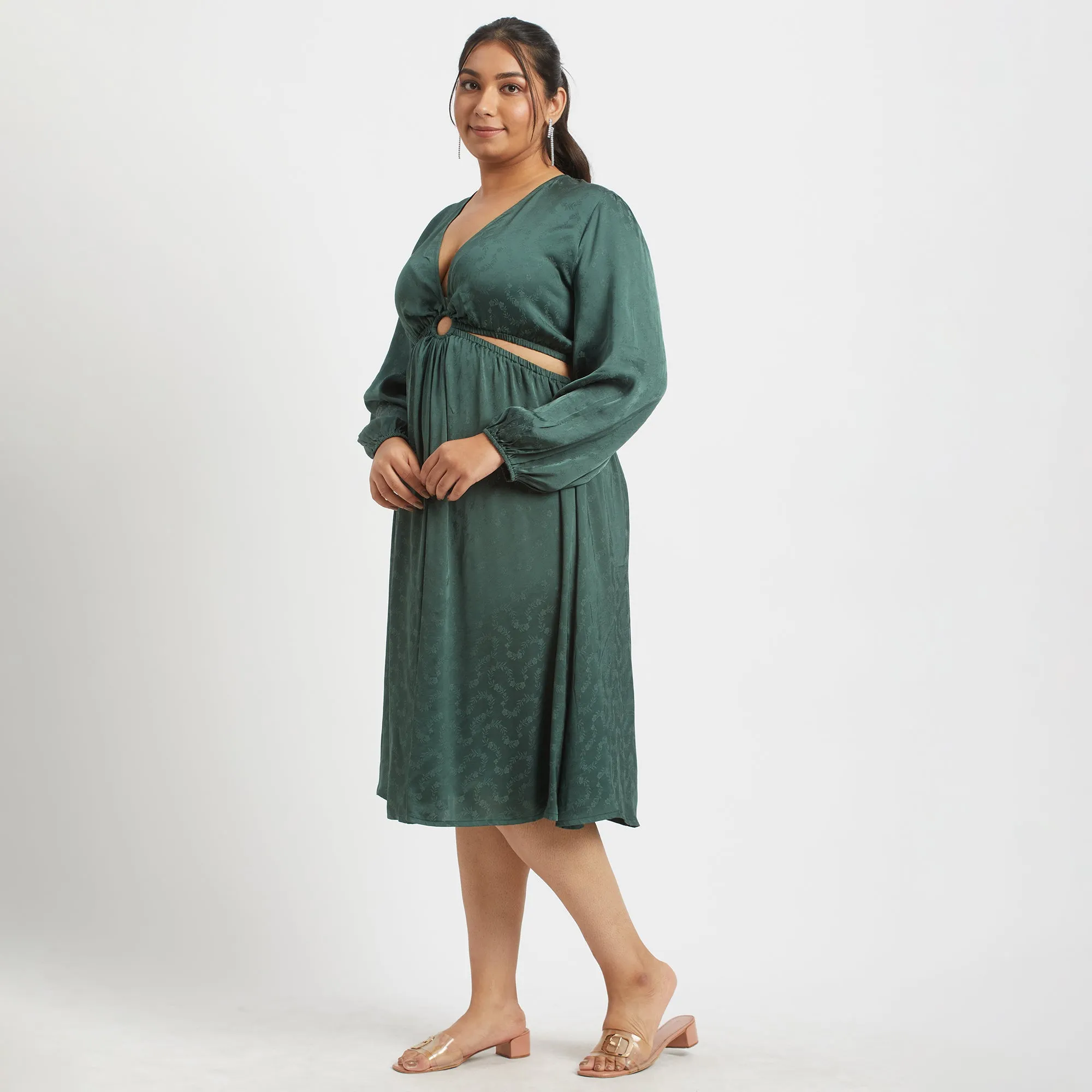 Green viscose jacquard ring detail plus size cut-out midi dress