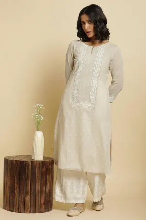 Grey Embroidered Kurta & Parallel Pants Set