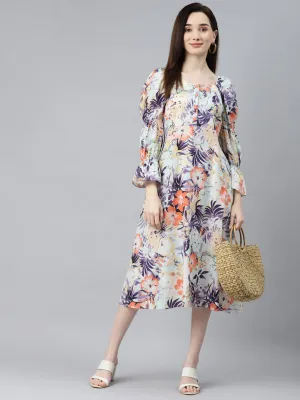 Indibelle Cotton Sky Blue Floral Print A-Line Dress (Sky Blue)
