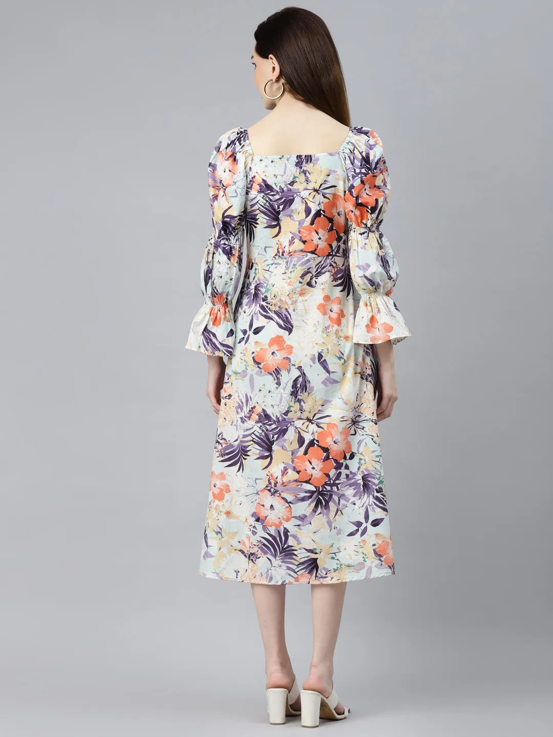 Indibelle Cotton Sky Blue Floral Print A-Line Dress (Sky Blue)