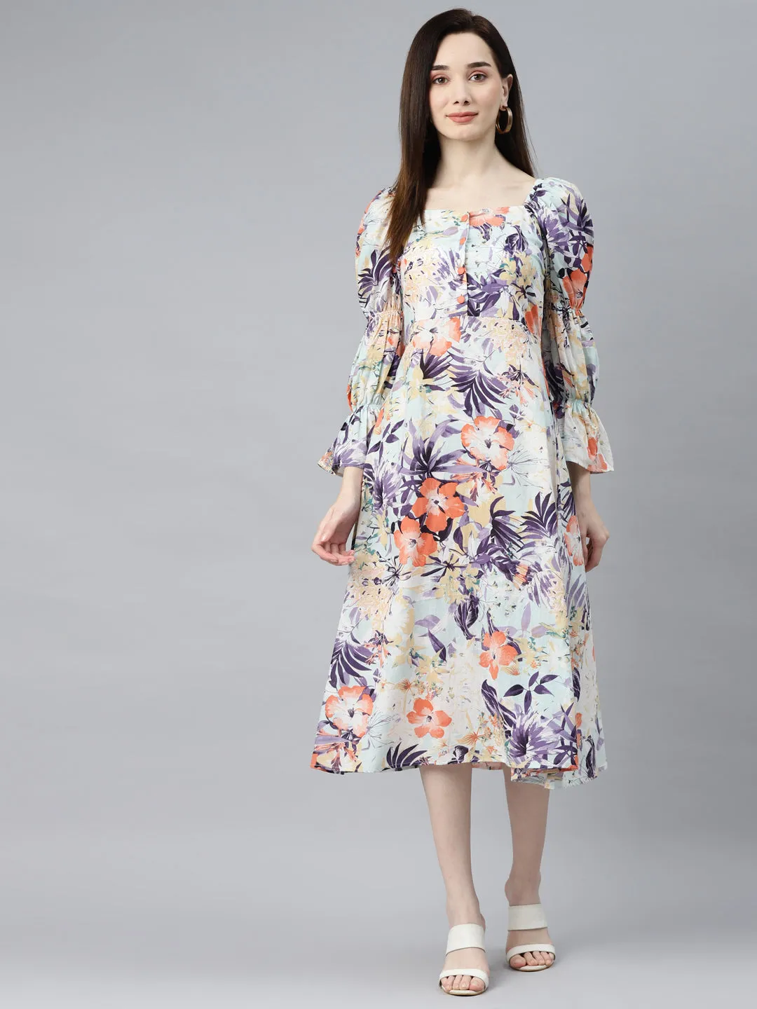 Indibelle Cotton Sky Blue Floral Print A-Line Dress (Sky Blue)
