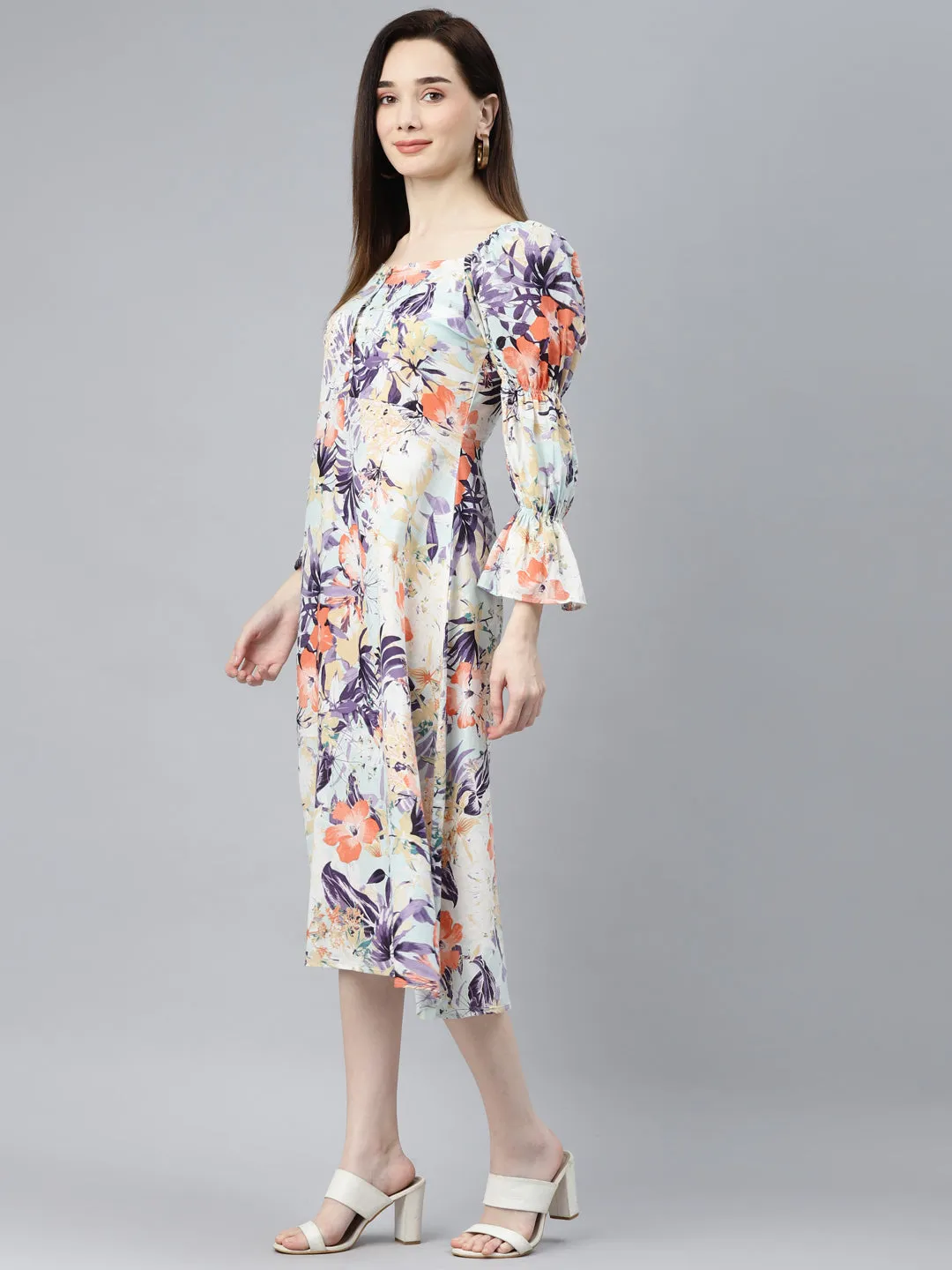 Indibelle Cotton Sky Blue Floral Print A-Line Dress (Sky Blue)