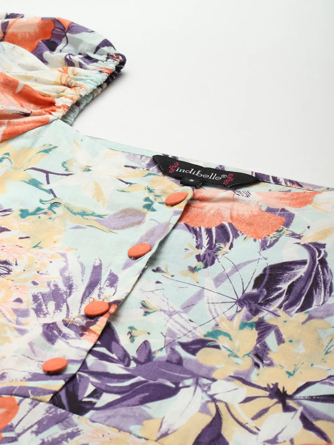 Indibelle Cotton Sky Blue Floral Print A-Line Dress (Sky Blue)