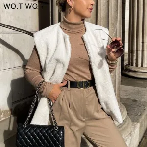 Joskaa Christmas Gift WOTWOY Autumn Winter Lamb Wool Vests Coat Women Thicken Warm Waistcoat Female Outwear Sleeveless Jackets White Chic Tops 2024