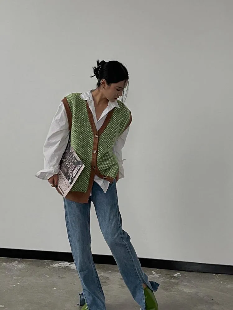Joskaa Tawaaiw Streetwear V Neck Knit Vest Women Sleeveless Coat Korean Style Plaid Ladies Sweater Waistcoat Autumn Winter Elegant Chic