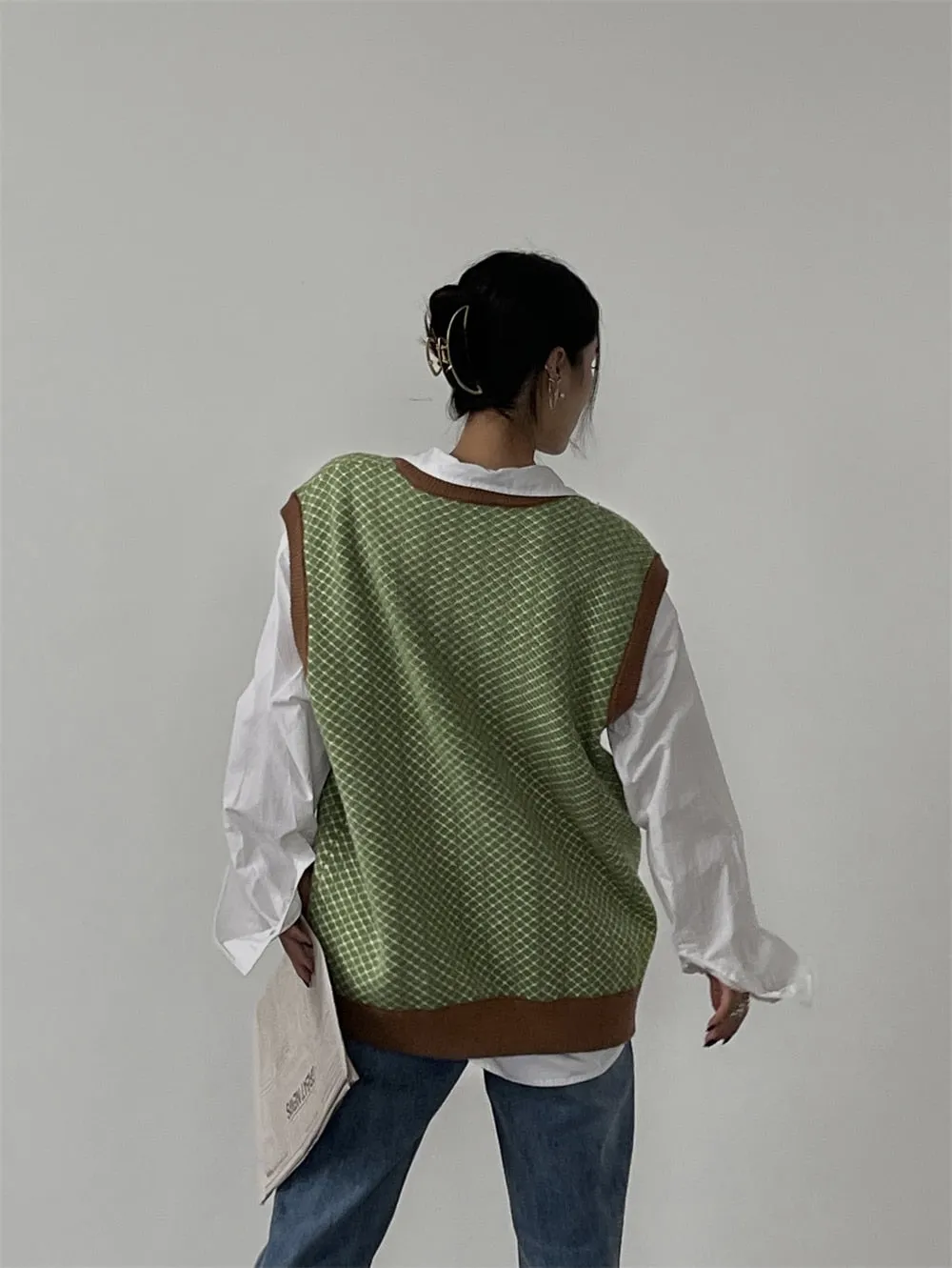 Joskaa Tawaaiw Streetwear V Neck Knit Vest Women Sleeveless Coat Korean Style Plaid Ladies Sweater Waistcoat Autumn Winter Elegant Chic