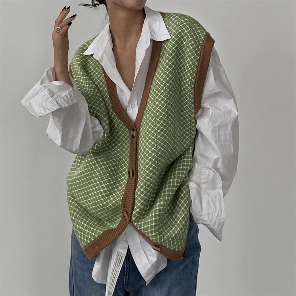 Joskaa Tawaaiw Streetwear V Neck Knit Vest Women Sleeveless Coat Korean Style Plaid Ladies Sweater Waistcoat Autumn Winter Elegant Chic