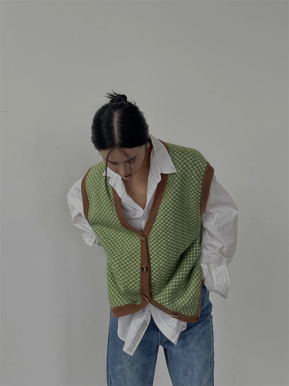 Joskaa Tawaaiw Streetwear V Neck Knit Vest Women Sleeveless Coat Korean Style Plaid Ladies Sweater Waistcoat Autumn Winter Elegant Chic