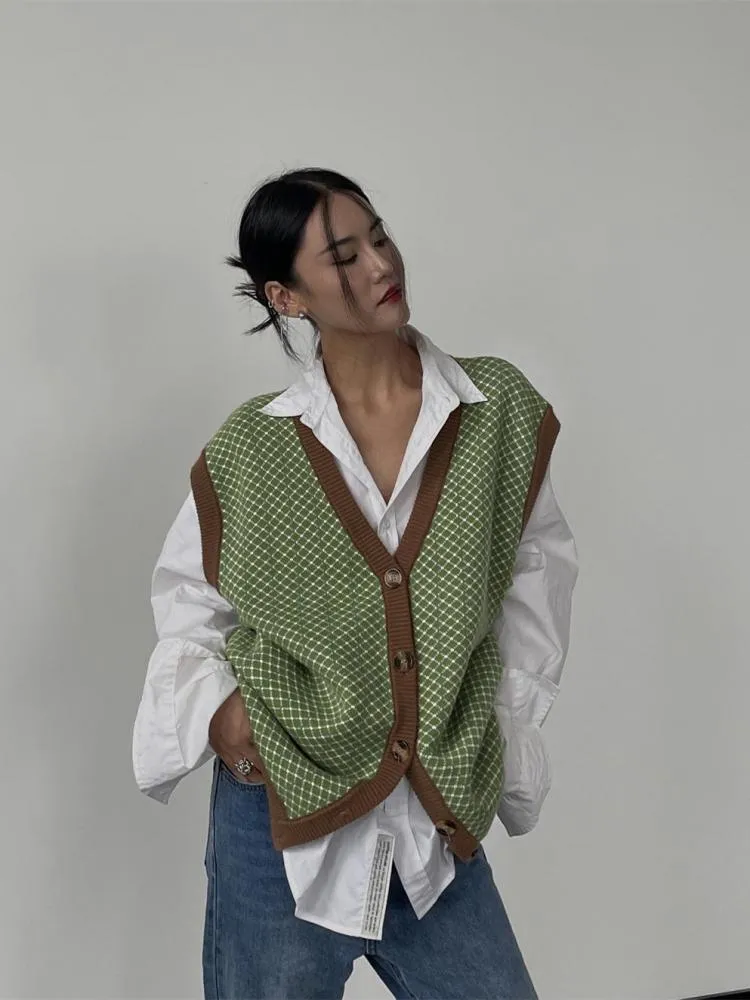 Joskaa Tawaaiw Streetwear V Neck Knit Vest Women Sleeveless Coat Korean Style Plaid Ladies Sweater Waistcoat Autumn Winter Elegant Chic