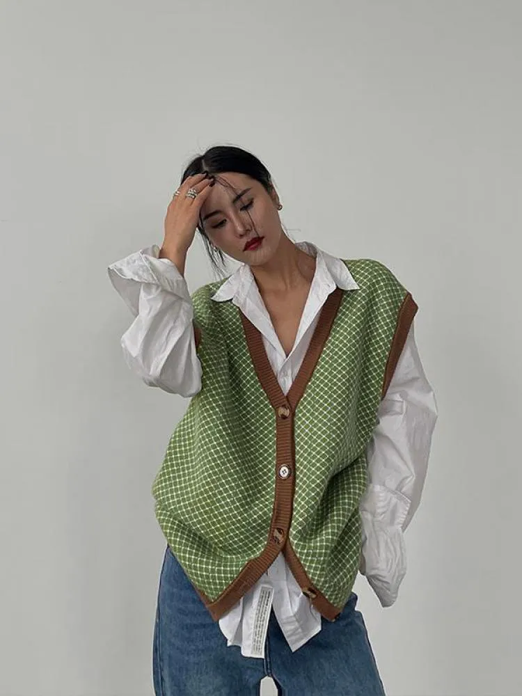 Joskaa Tawaaiw Streetwear V Neck Knit Vest Women Sleeveless Coat Korean Style Plaid Ladies Sweater Waistcoat Autumn Winter Elegant Chic
