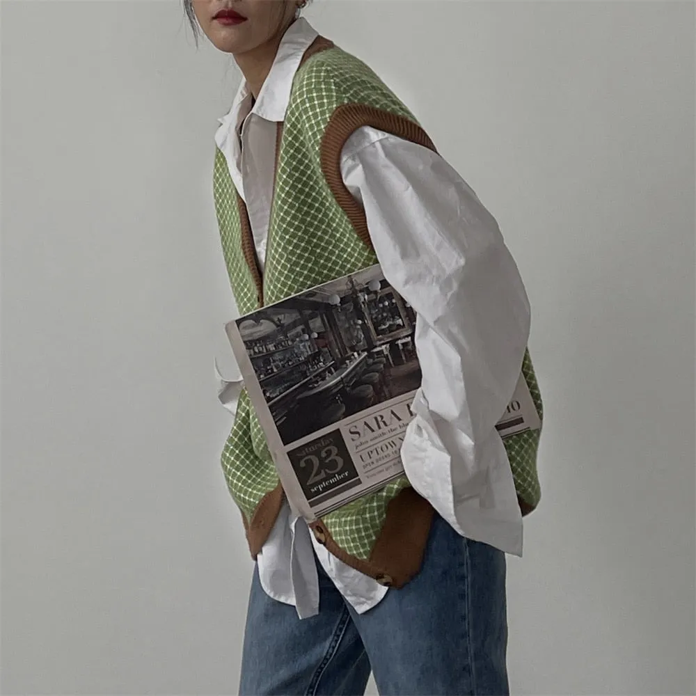Joskaa Tawaaiw Streetwear V Neck Knit Vest Women Sleeveless Coat Korean Style Plaid Ladies Sweater Waistcoat Autumn Winter Elegant Chic