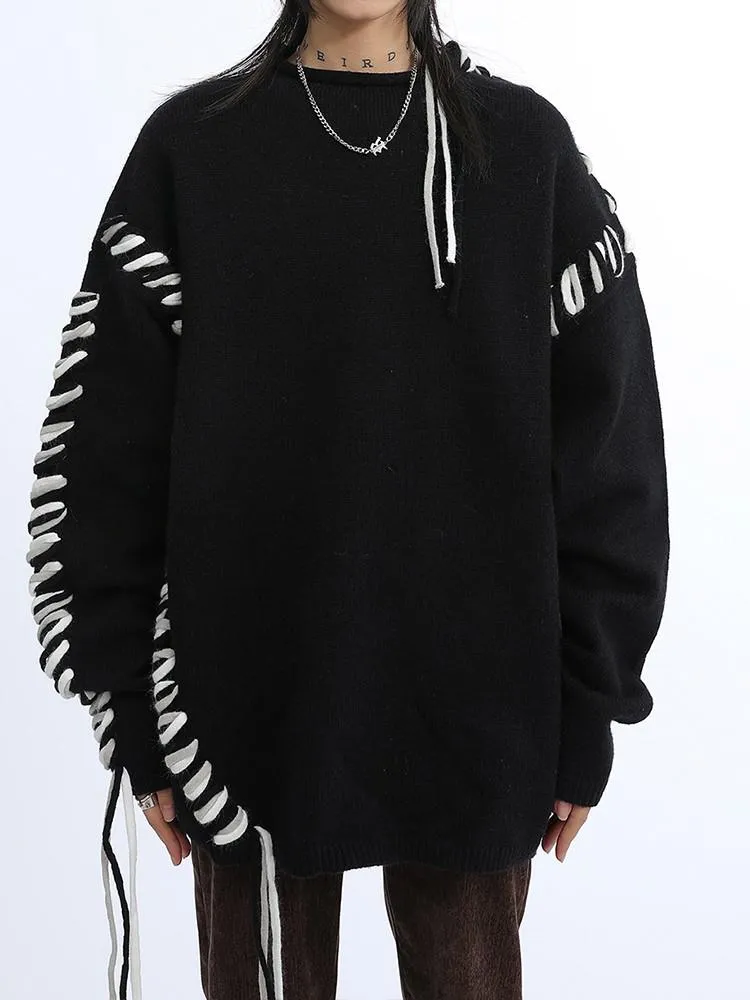 Joskaa Tawaaiw Vintage Women Knitted Pullovers  Winter Lace Up Jumper Casual Oversized Sweaters Ladies Long Sleeve Knitwear Warm Tops