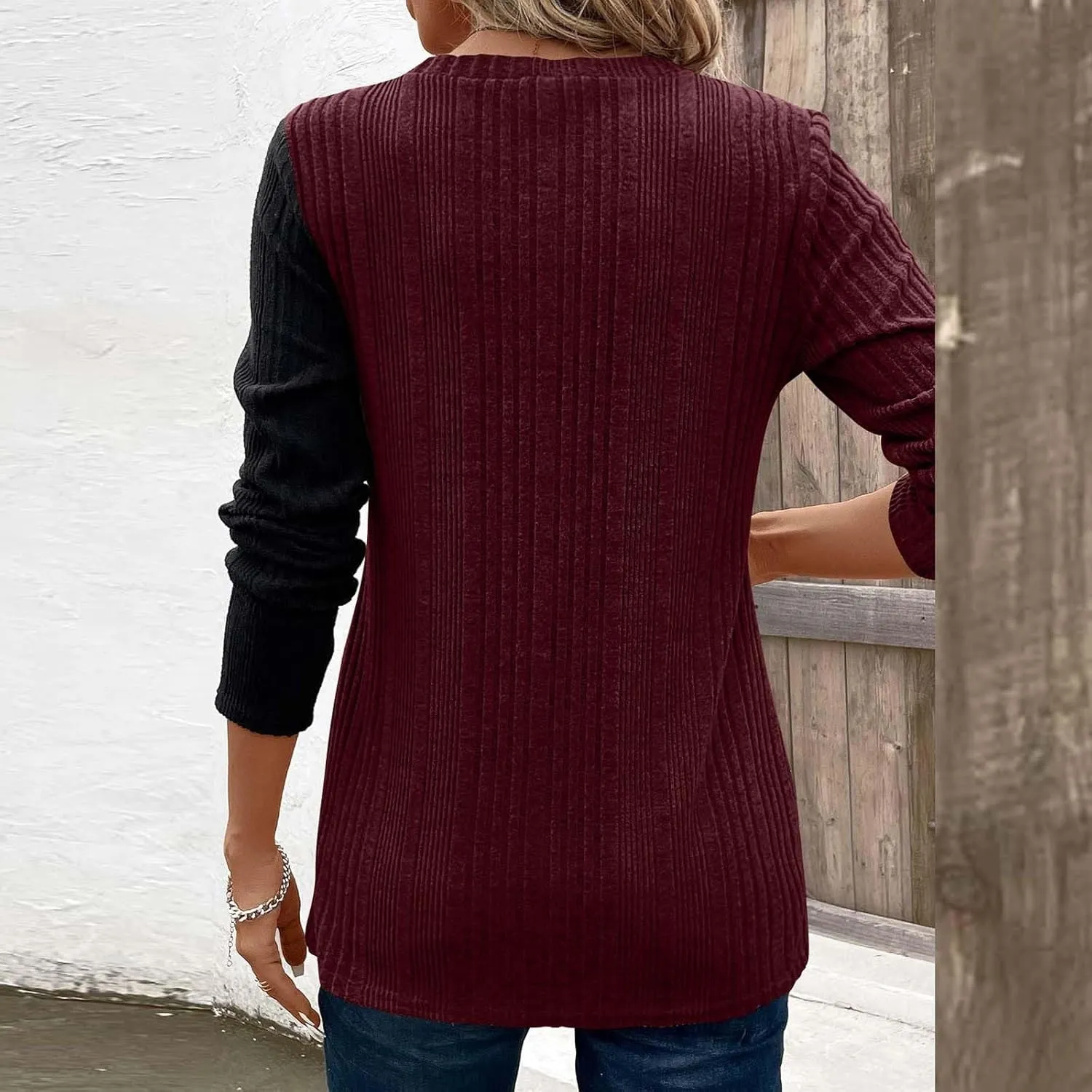 jovati Women's Casual Round Neck Tops Fashion Versatile Color Block Knit Sweater Loose Comfy Solid Long Sleeve Pullover