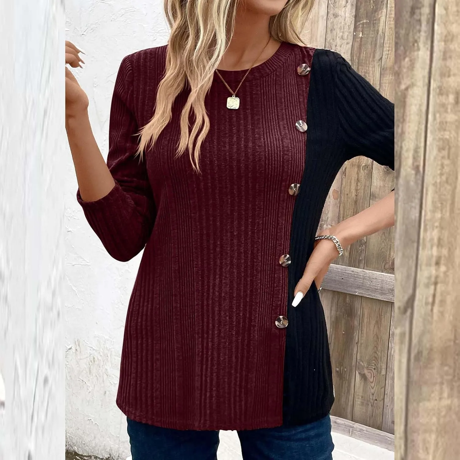 jovati Women's Casual Round Neck Tops Fashion Versatile Color Block Knit Sweater Loose Comfy Solid Long Sleeve Pullover