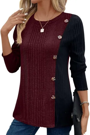 jovati Women's Casual Round Neck Tops Fashion Versatile Color Block Knit Sweater Loose Comfy Solid Long Sleeve Pullover