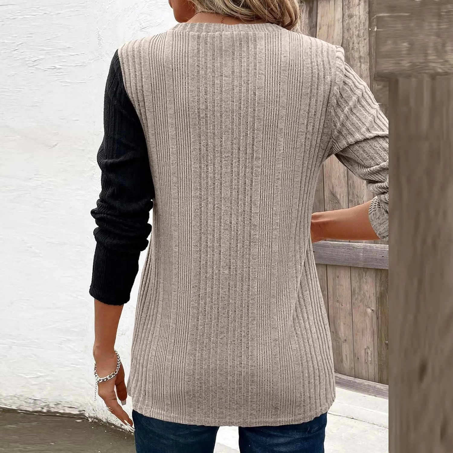 jovati Women's Casual Round Neck Tops Fashion Versatile Color Block Knit Sweater Loose Comfy Solid Long Sleeve Pullover