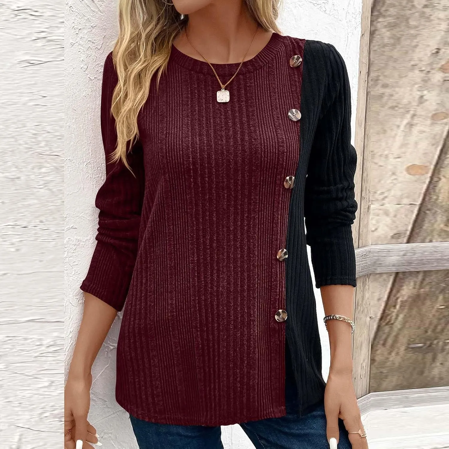 jovati Women's Casual Round Neck Tops Fashion Versatile Color Block Knit Sweater Loose Comfy Solid Long Sleeve Pullover