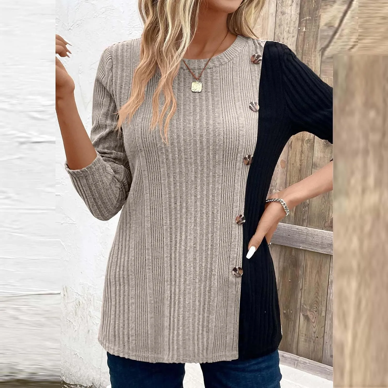 jovati Women's Casual Round Neck Tops Fashion Versatile Color Block Knit Sweater Loose Comfy Solid Long Sleeve Pullover