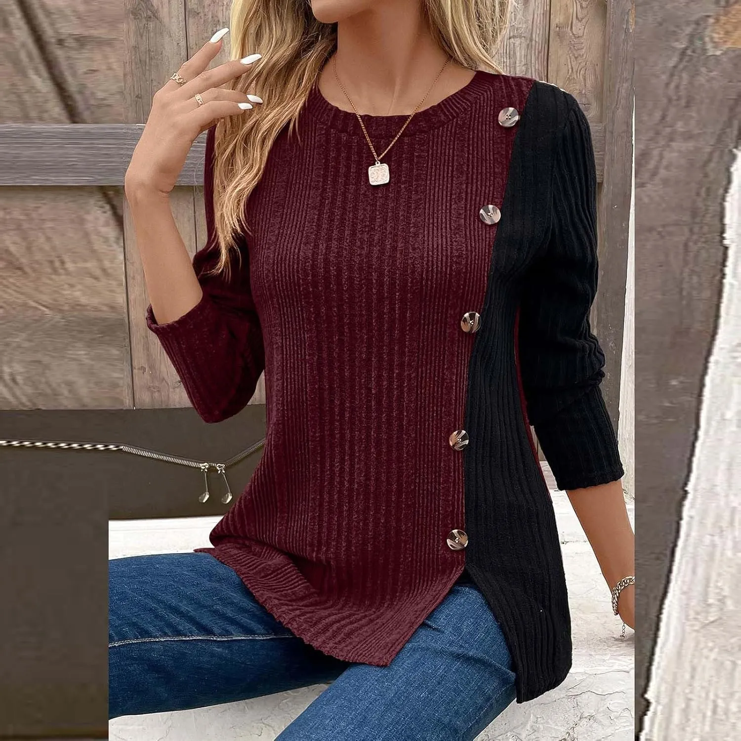 jovati Women's Casual Round Neck Tops Fashion Versatile Color Block Knit Sweater Loose Comfy Solid Long Sleeve Pullover