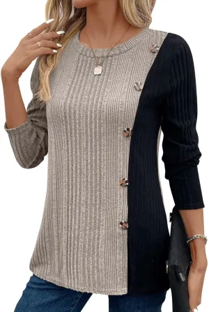jovati Women's Casual Round Neck Tops Fashion Versatile Color Block Knit Sweater Loose Comfy Solid Long Sleeve Pullover