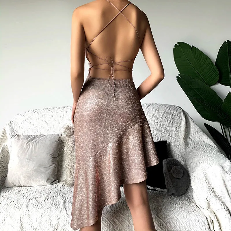Knitted Glittery Sexy Backless Cami Dress